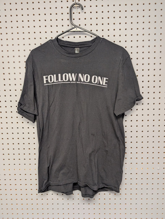 Front of black Bushmills Follow No One t-shirt