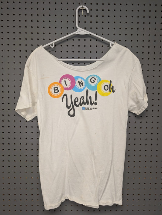 Front of NCL BINGO Oh Yeah white modified t-shirt