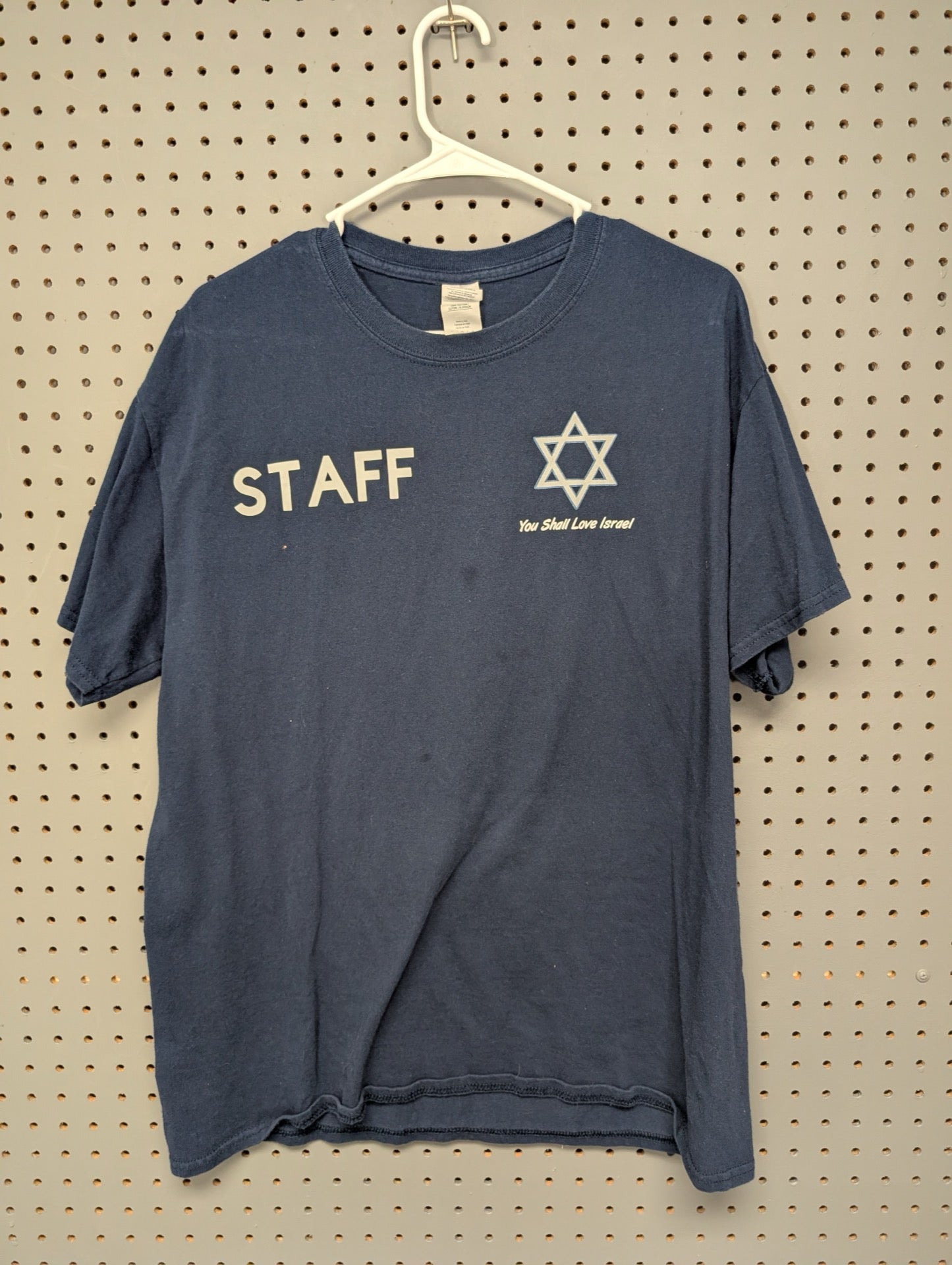 Front of navy blue Staff Love Israel t-shirt