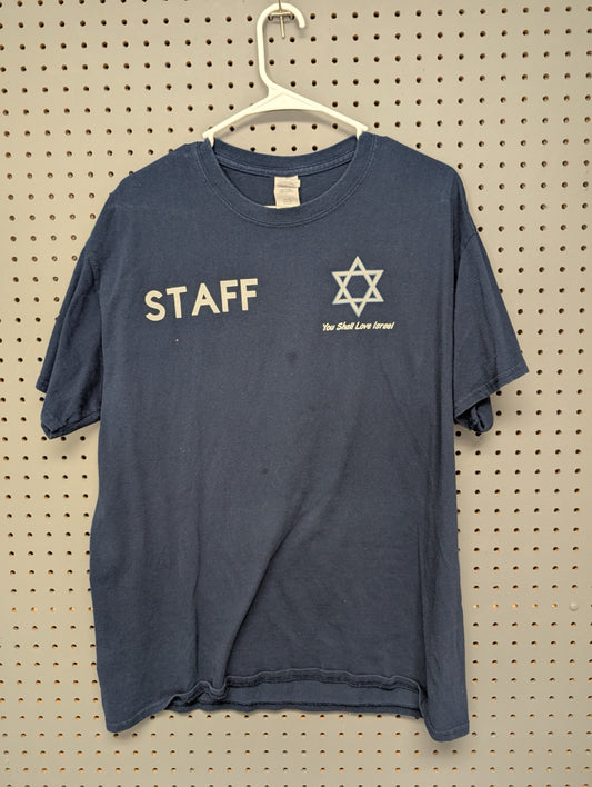 Front of navy blue Staff Love Israel t-shirt