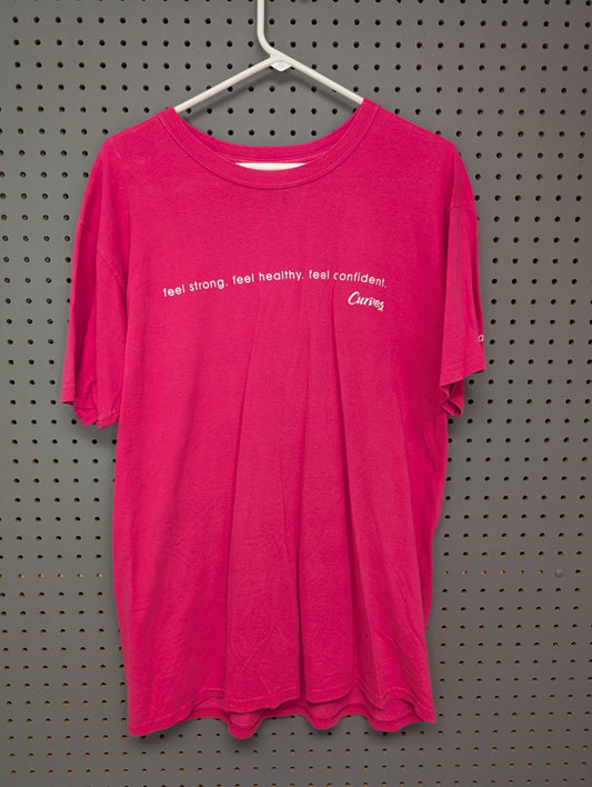 Front of pink Curves motivational t-shirt