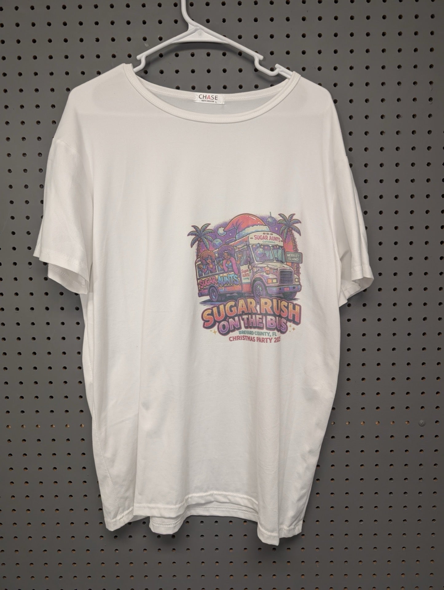 Front of white event t-shirt with party bus graphic