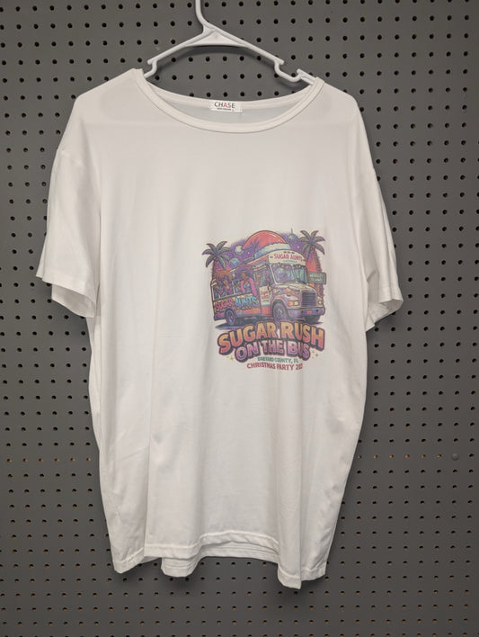 Front of white event t-shirt with party bus graphic