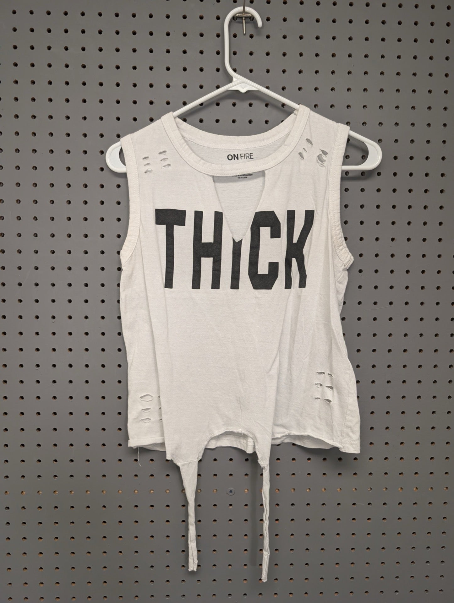 Front of white On Fire distressed tank top