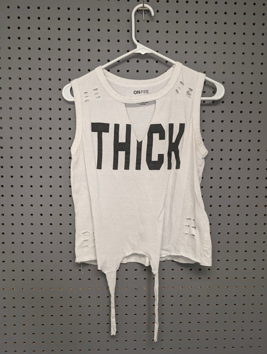 Front of white On Fire distressed tank top