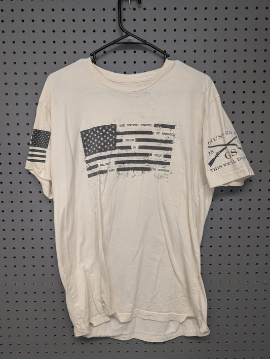 Front view of cream Grunt Style t-shirt with distressed flag graphic