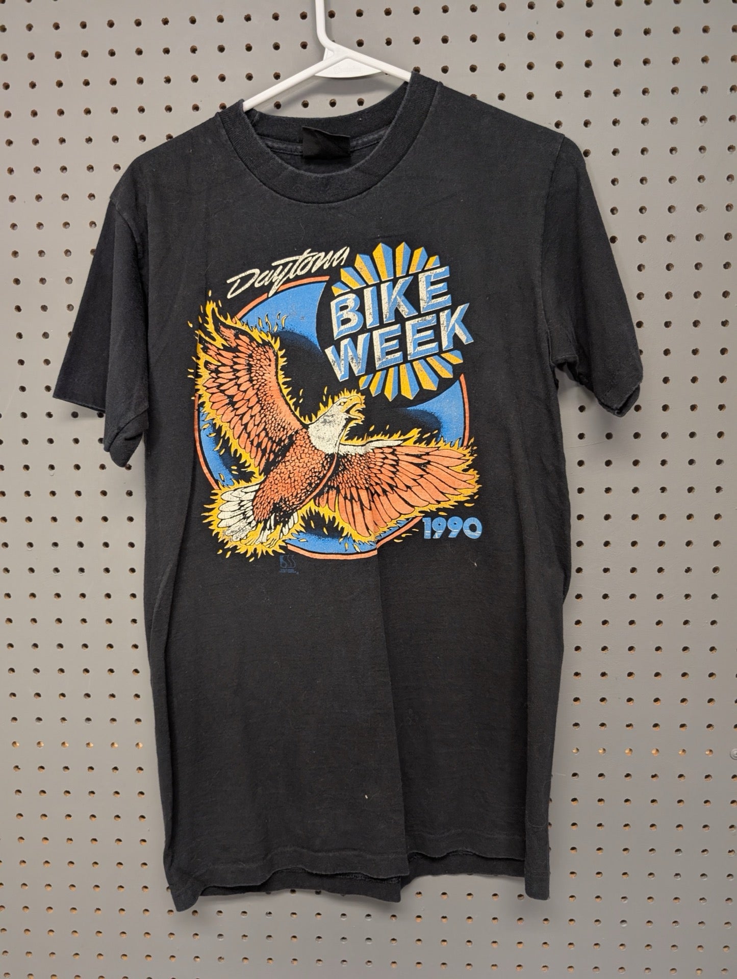 Front of black t-shirt with 1990 Daytona Bike Week flaming eagle graphic