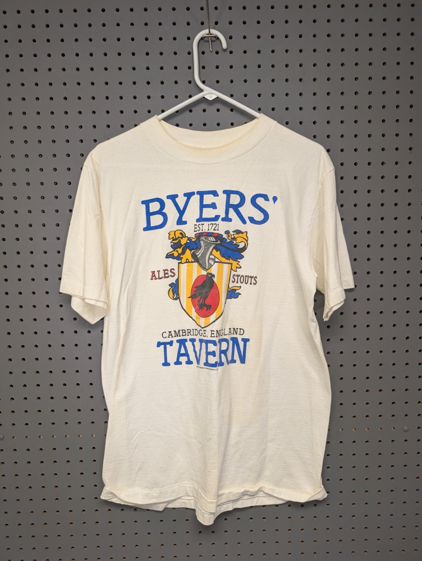 Front of cream t-shirt with Byers' Tavern Cambridge England graphic