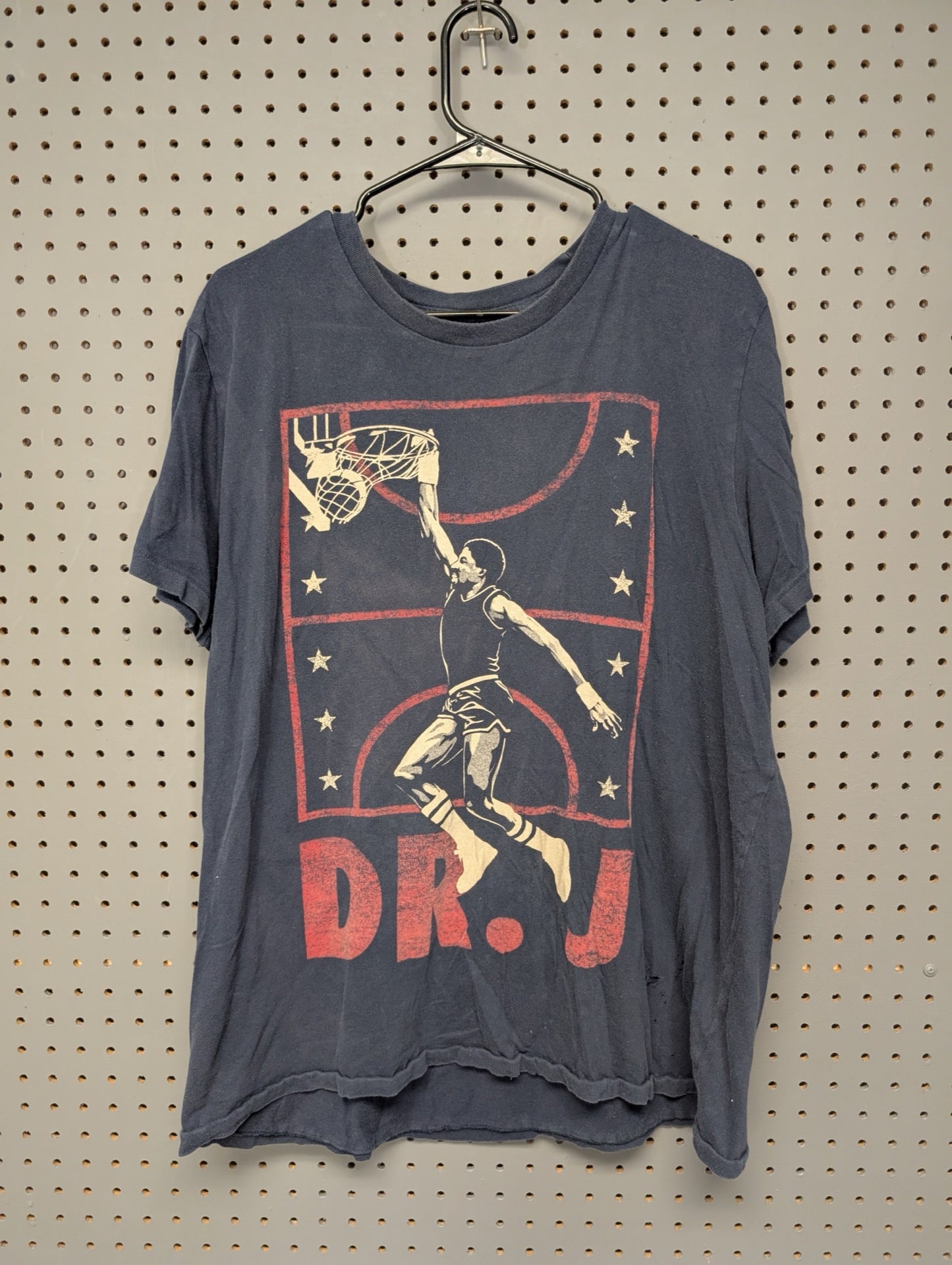 Front of navy t-shirt with Dr. J basketball graphic