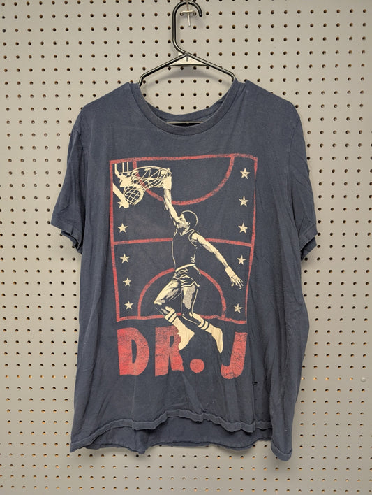 Front of navy t-shirt with Dr. J basketball graphic
