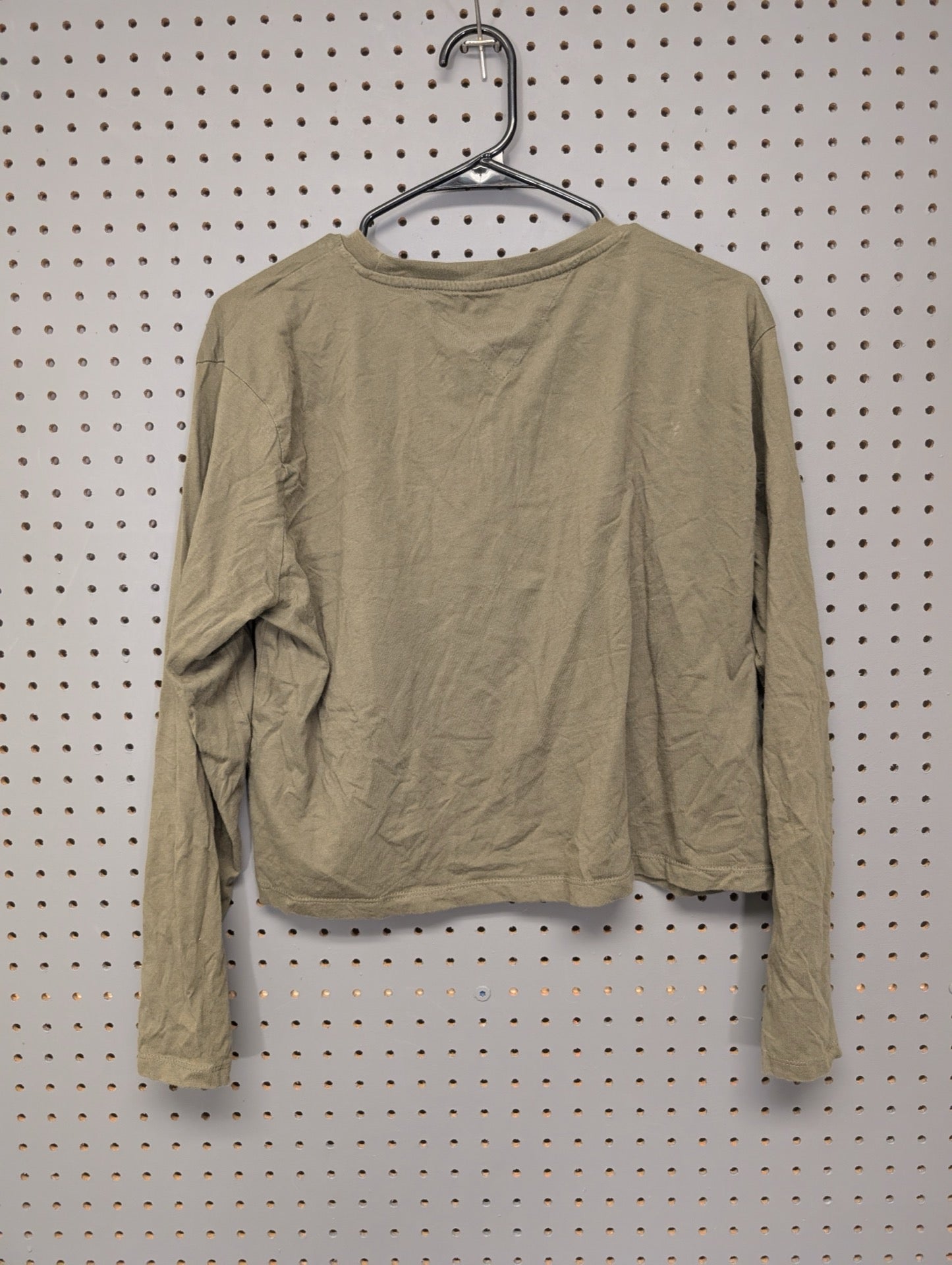 Back of olive green long sleeve shirt