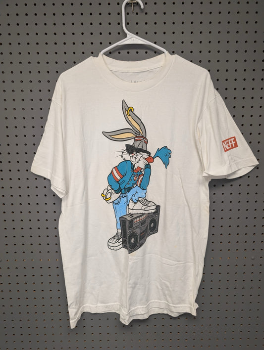 Front of white Neff t-shirt with Bugs Bunny boombox graphic