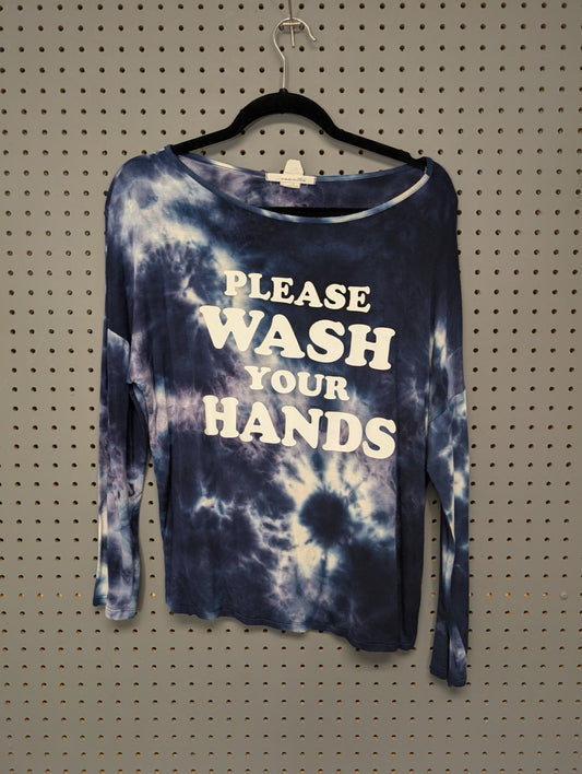 Front of blue tie-dye Unwritten top with Please Wash Your Hands graphic