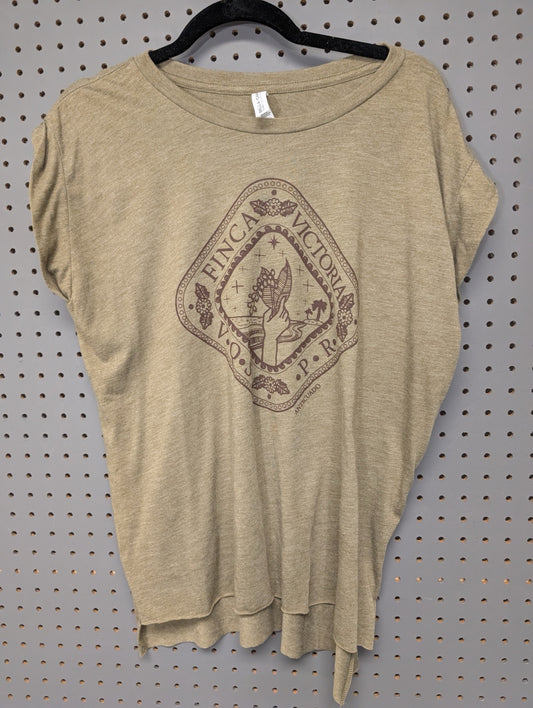 Front of olive green Bella Canvas flowy top with Finca Victoria graphic