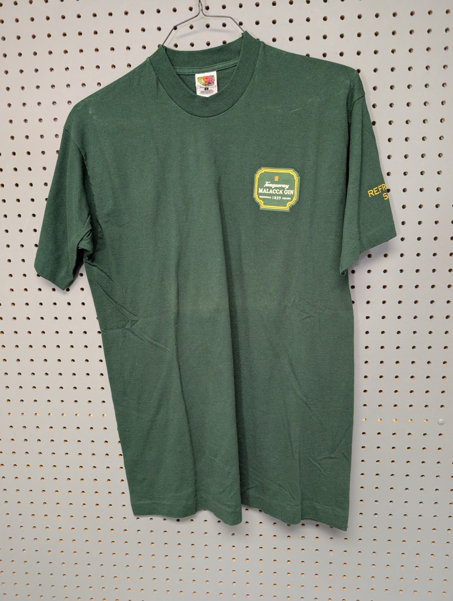 Front of dark green vintage Tanqueray Malacca Gin t-shirt