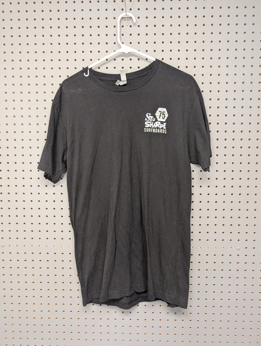 Front of black Stu Sharpe Surfboards t-shirt