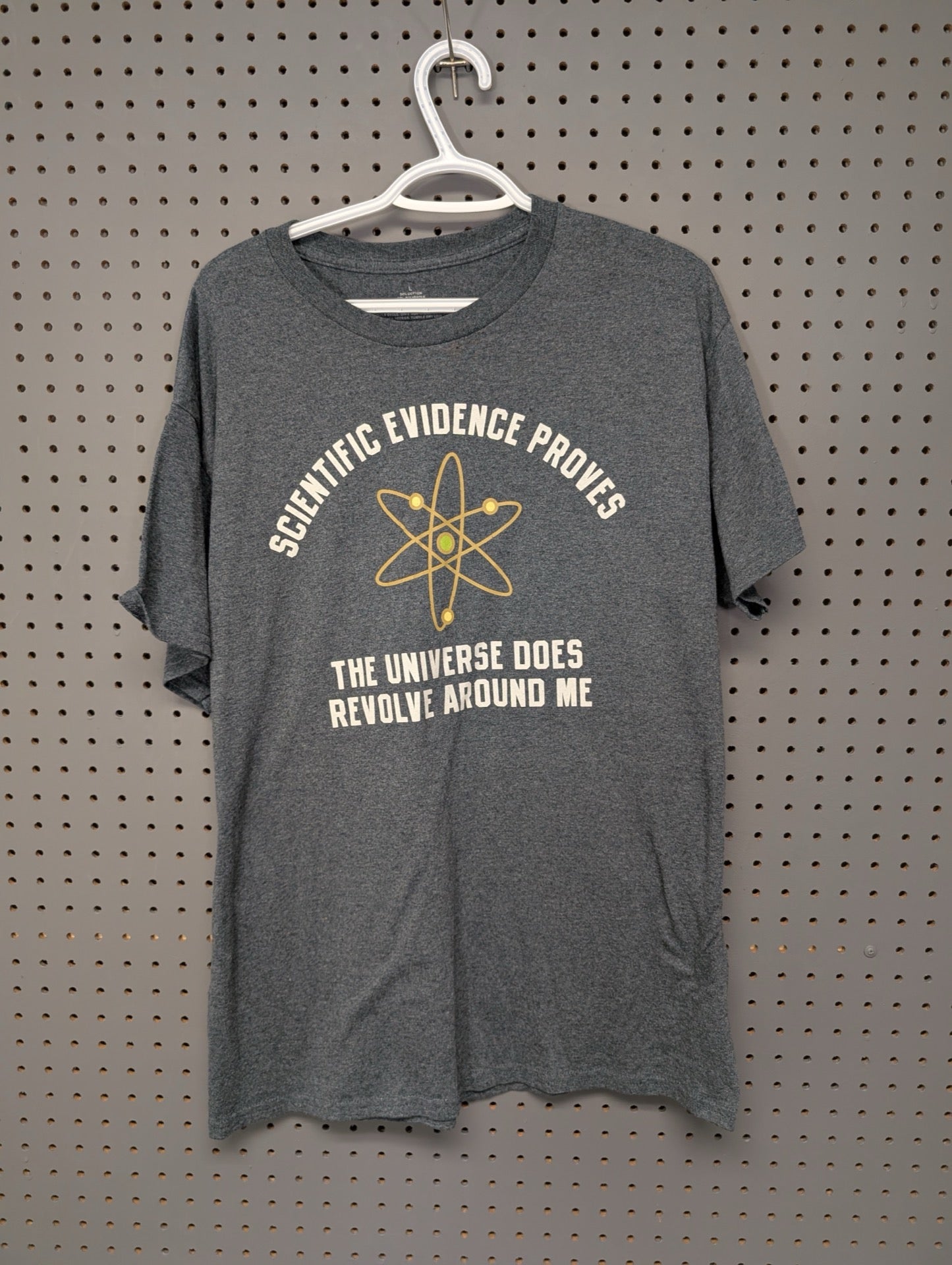 Front of grey t-shirt with science graphic