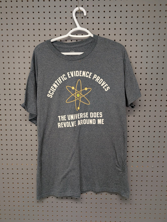 Front of grey t-shirt with science graphic