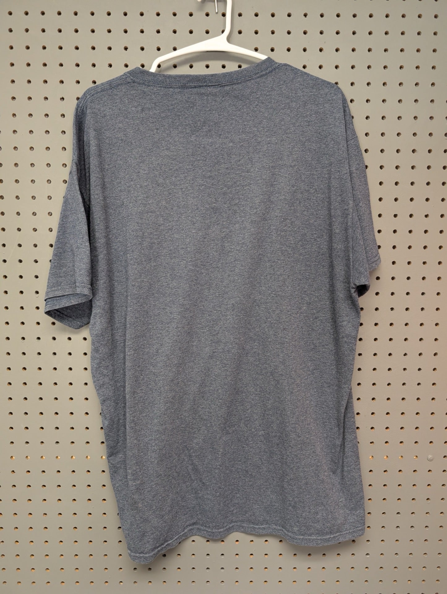 Back of plain blue heather t-shirt