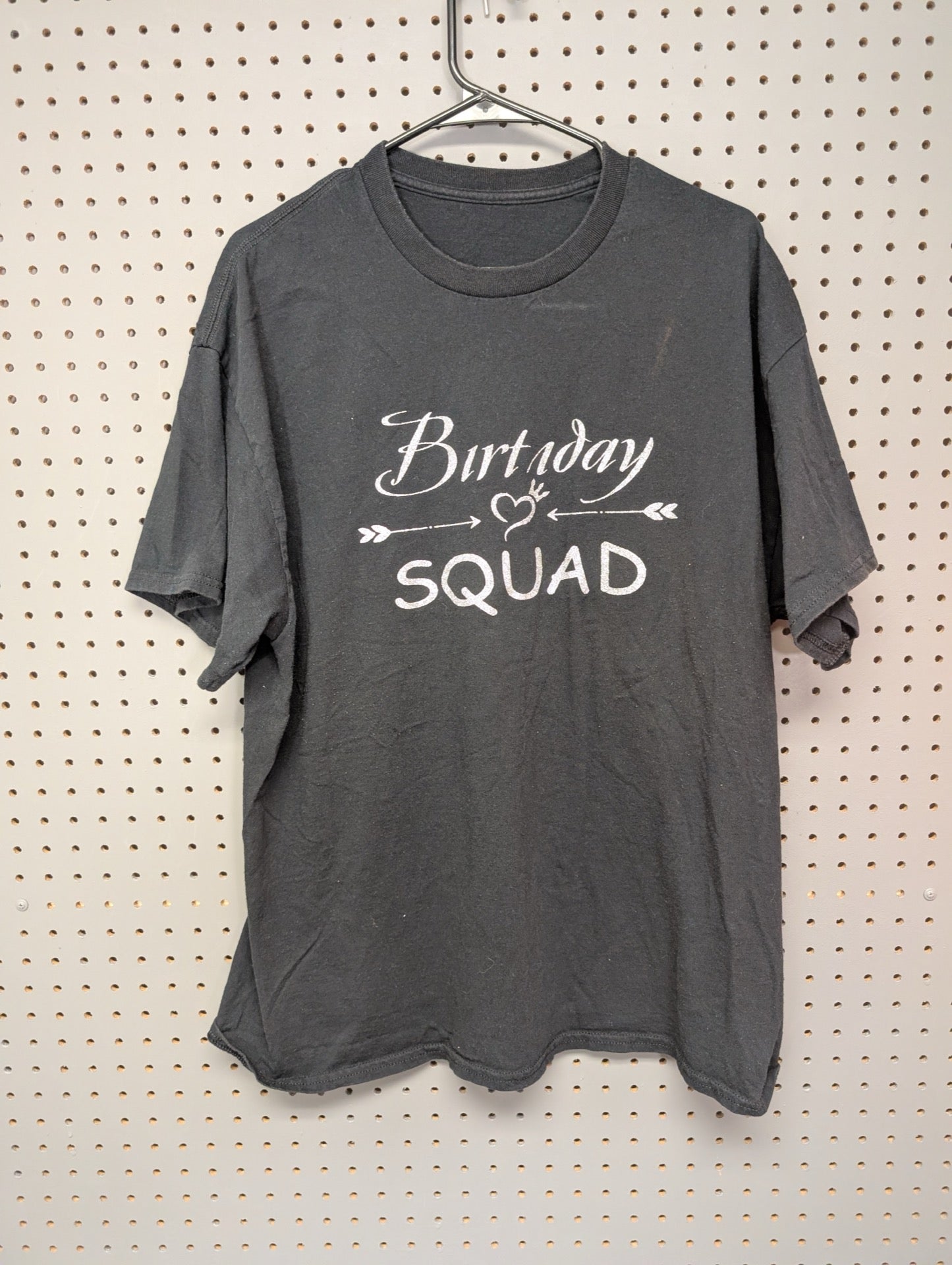 Front of black t-shirt with Birthday Squad graphic