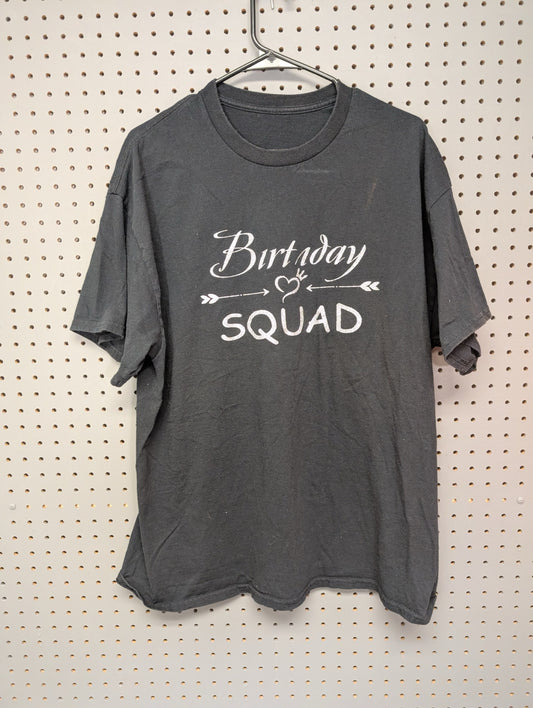 Front of black t-shirt with Birthday Squad graphic