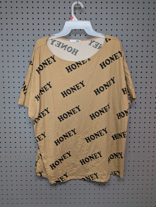 Front of tan Fashion Nova t-shirt with Honey print