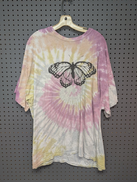 Front of pastel tie-dye t-shirt with butterfly graphic
