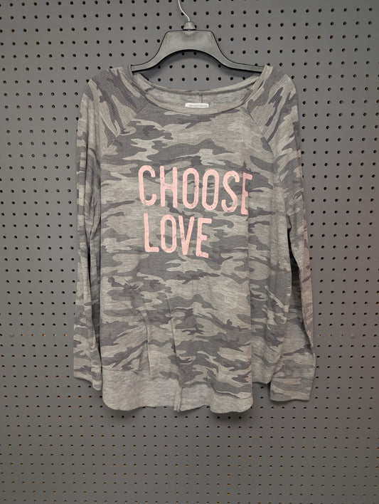 Front of camo long sleeve top with Choose Love graphic