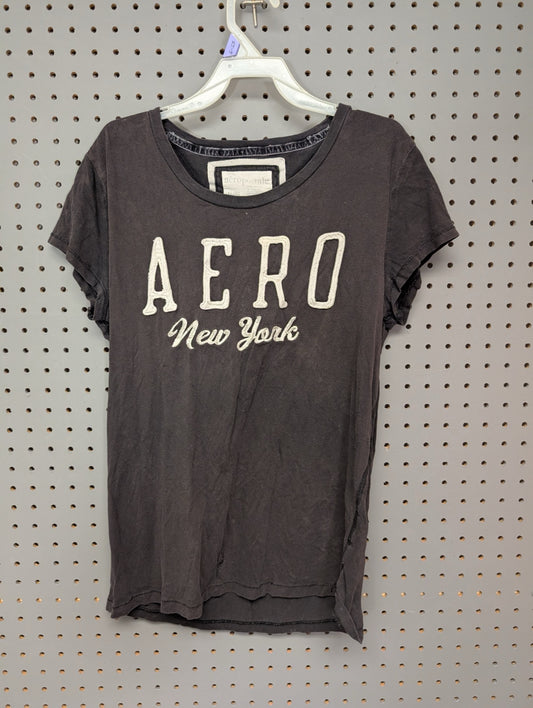 Front of faded black Aeropostale t-shirt with applique logo