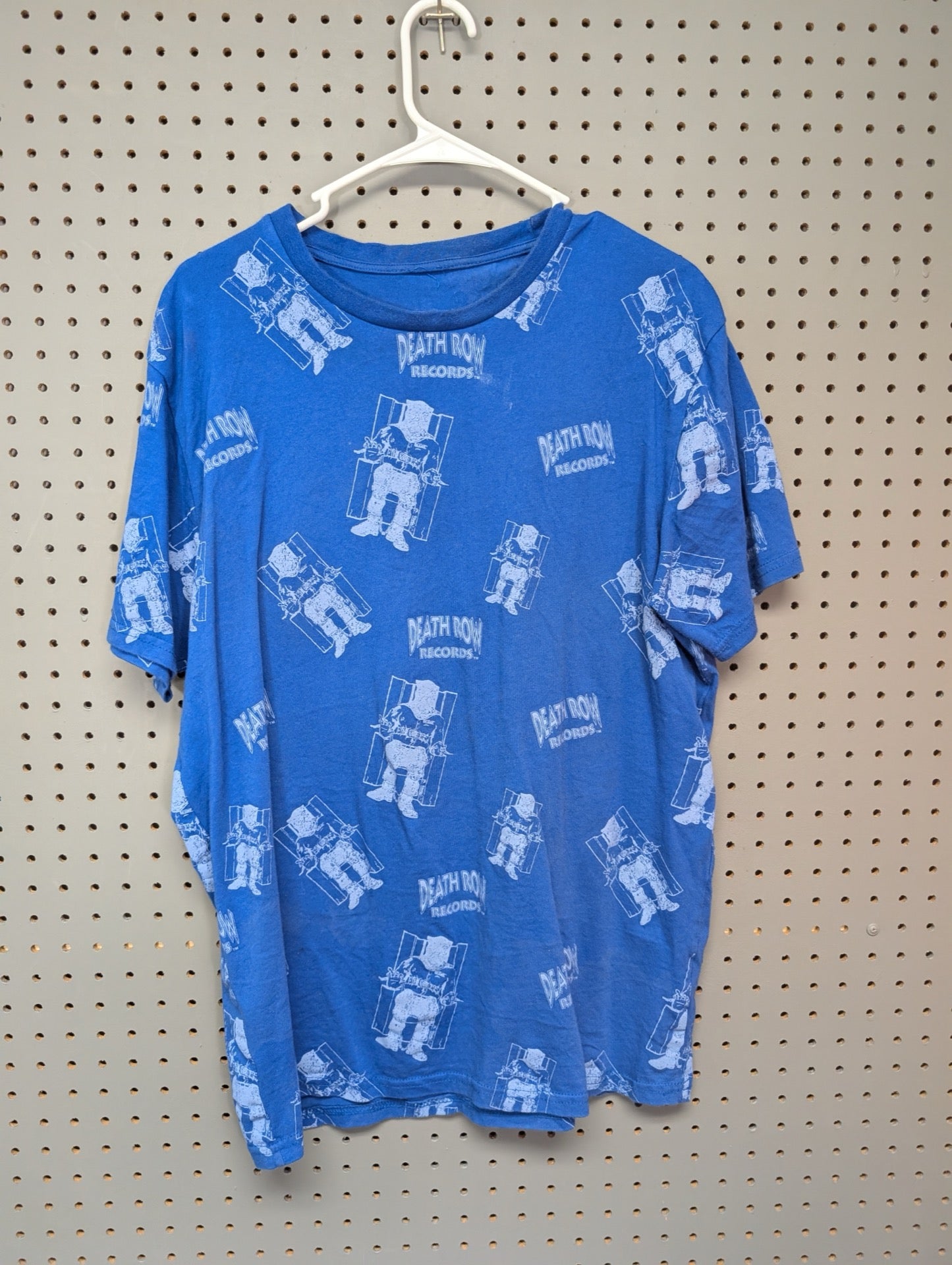 Front view of blue Death Row Records AOP t-shirt