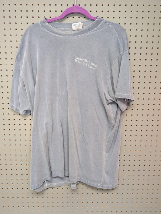 Front view of faded grey vintage liquors t-shirt