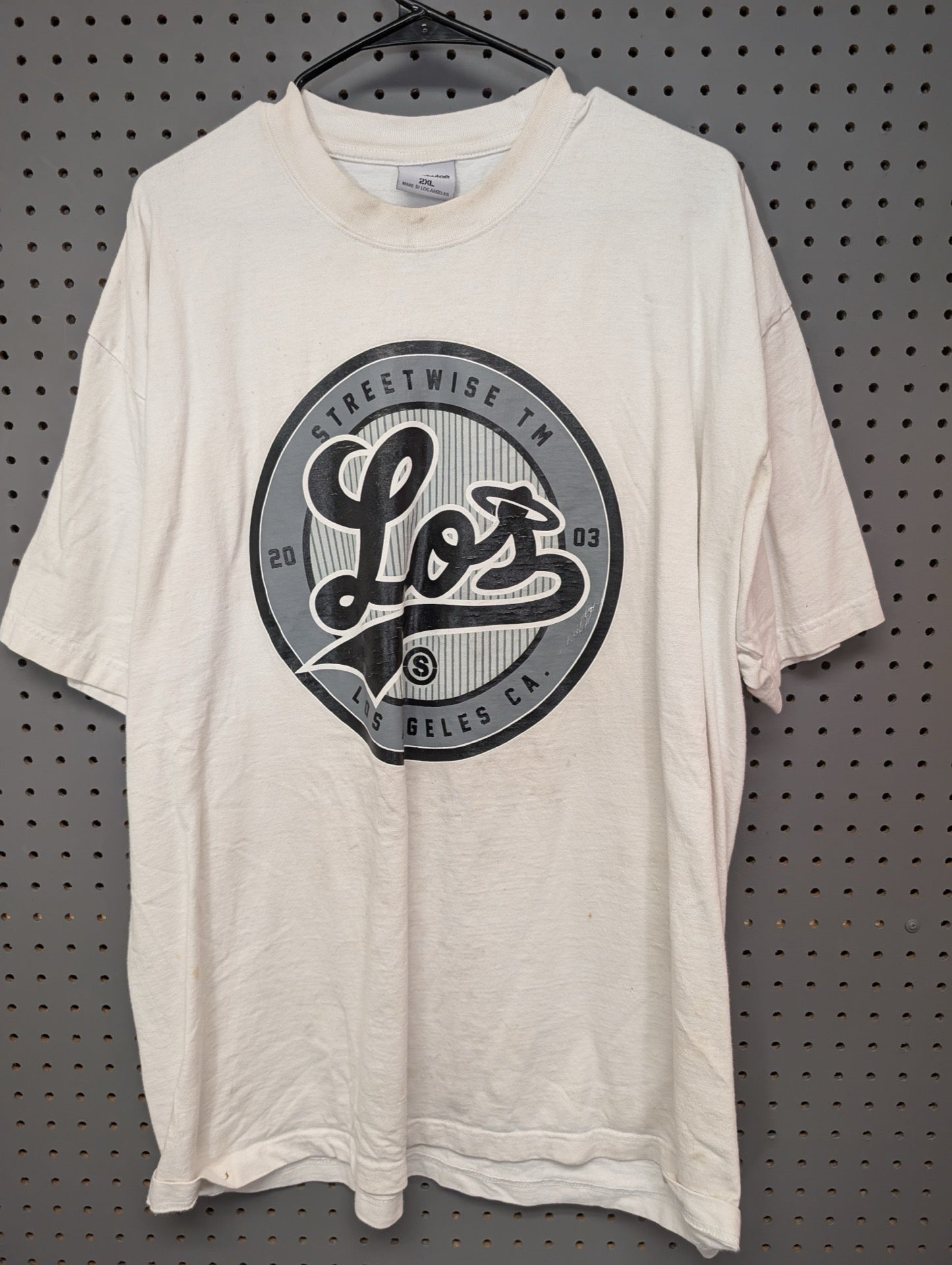 Front view of white Streetwise LA t-shirt