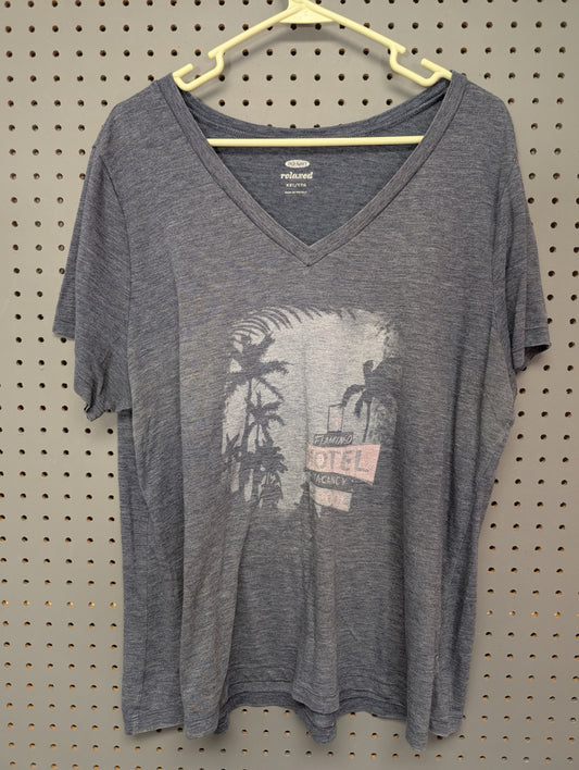 Front view of blue Old Navy Flamingo Hotel v-neck