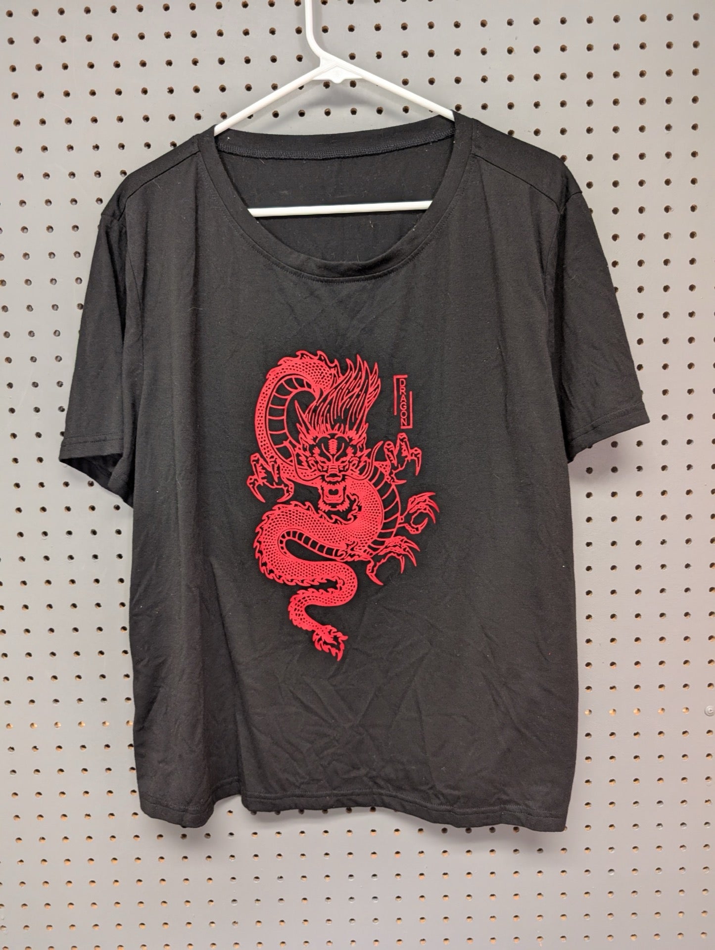 Front view of black Shein Curve t-shirt with red dragon graphic