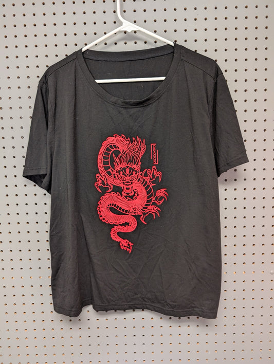 Front view of black Shein Curve t-shirt with red dragon graphic