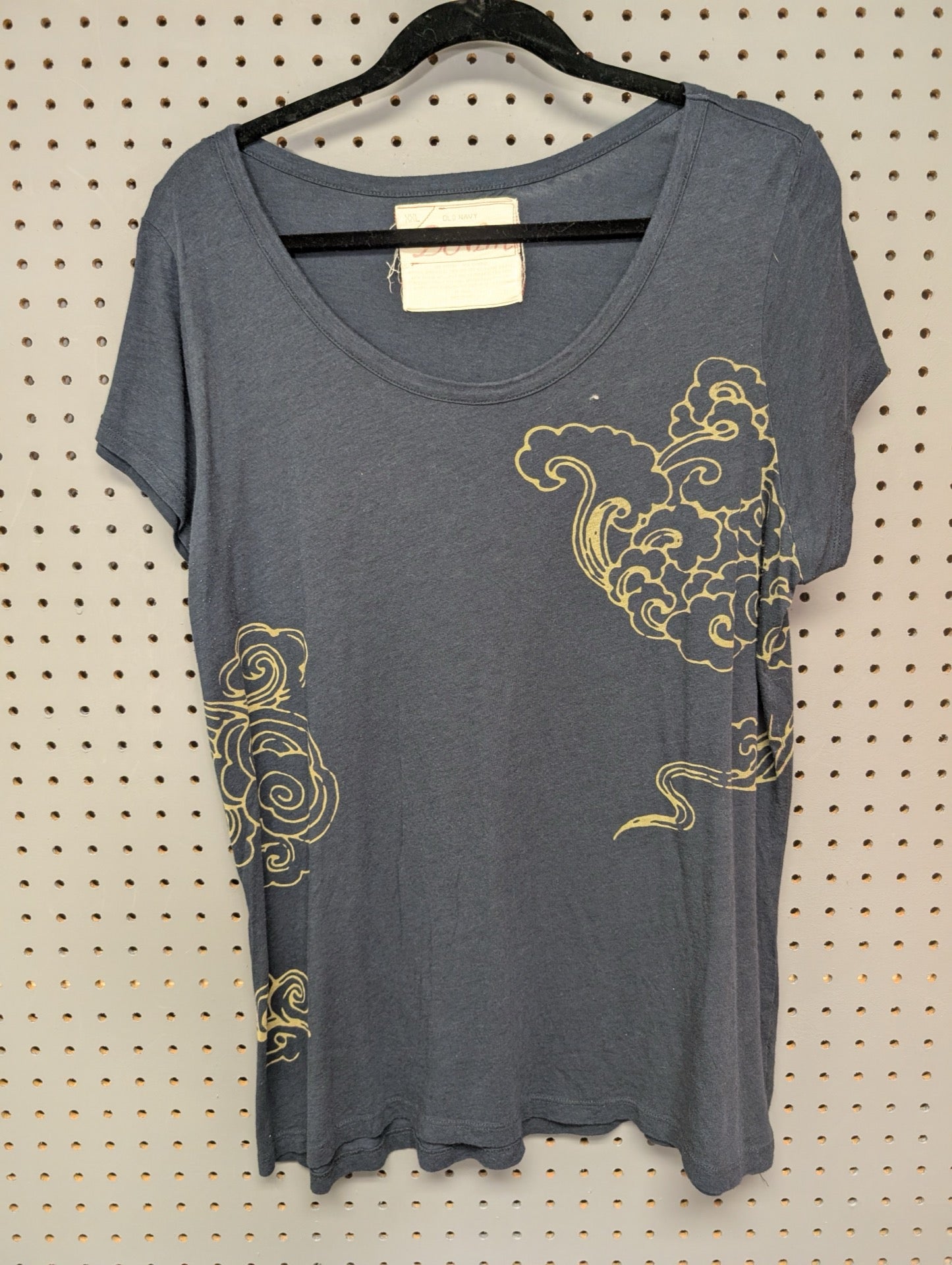 Front view of dark grey Old Navy t-shirt with gold cloud graphic