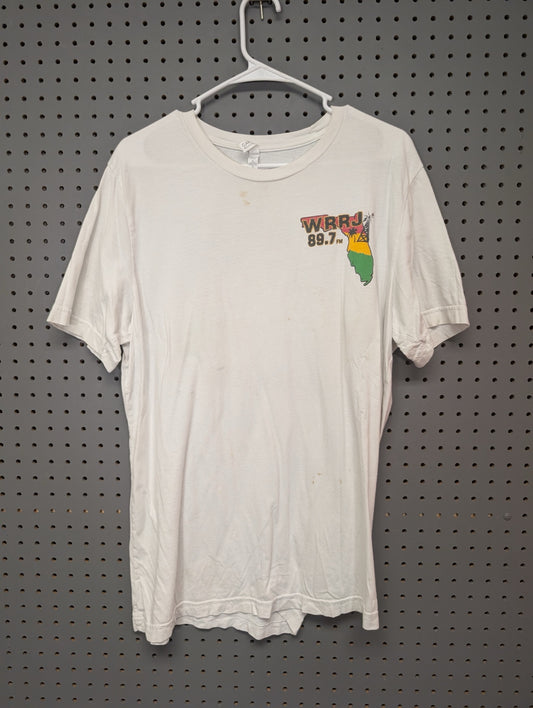 Front view of white Canvas WRRJ 89.7 t-shirt showing stains