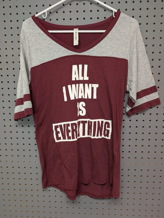 Front view of maroon and grey B&B Boutique slogan t-shirt