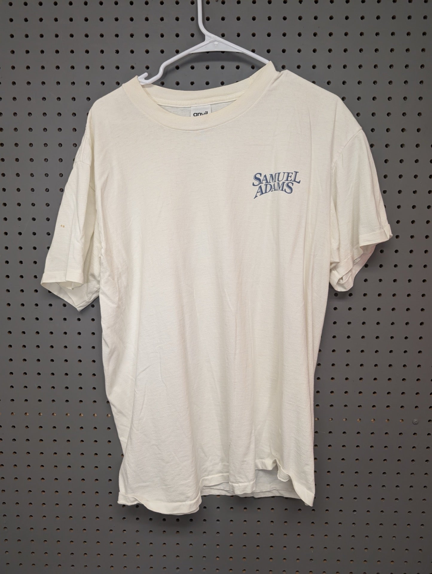 Front view of white Samuel Adams Boston Lager t-shirt