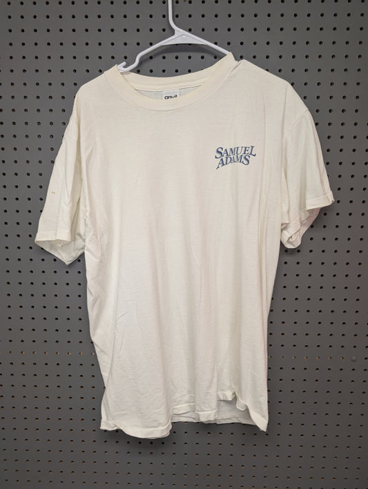 Front view of white Samuel Adams Boston Lager t-shirt