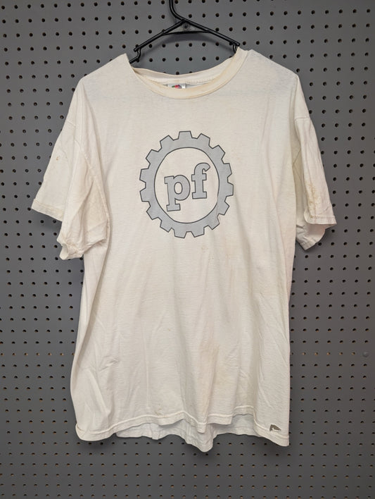 Front view of white t-shirt with pf gear logo showing stains