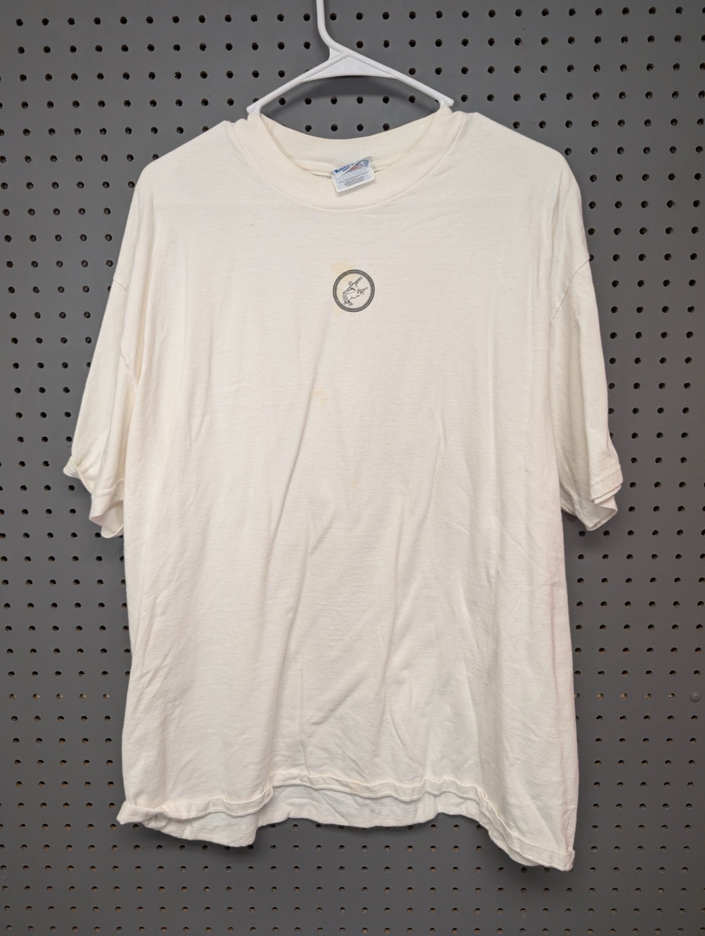 Front view of white Remy Martin t-shirt showing minor stains
