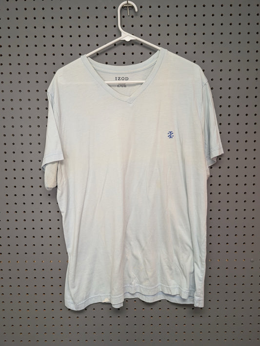 Front view of light blue IZOD v-neck t-shirt