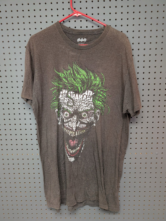 Front view of grey t-shirt with Joker typography graphic