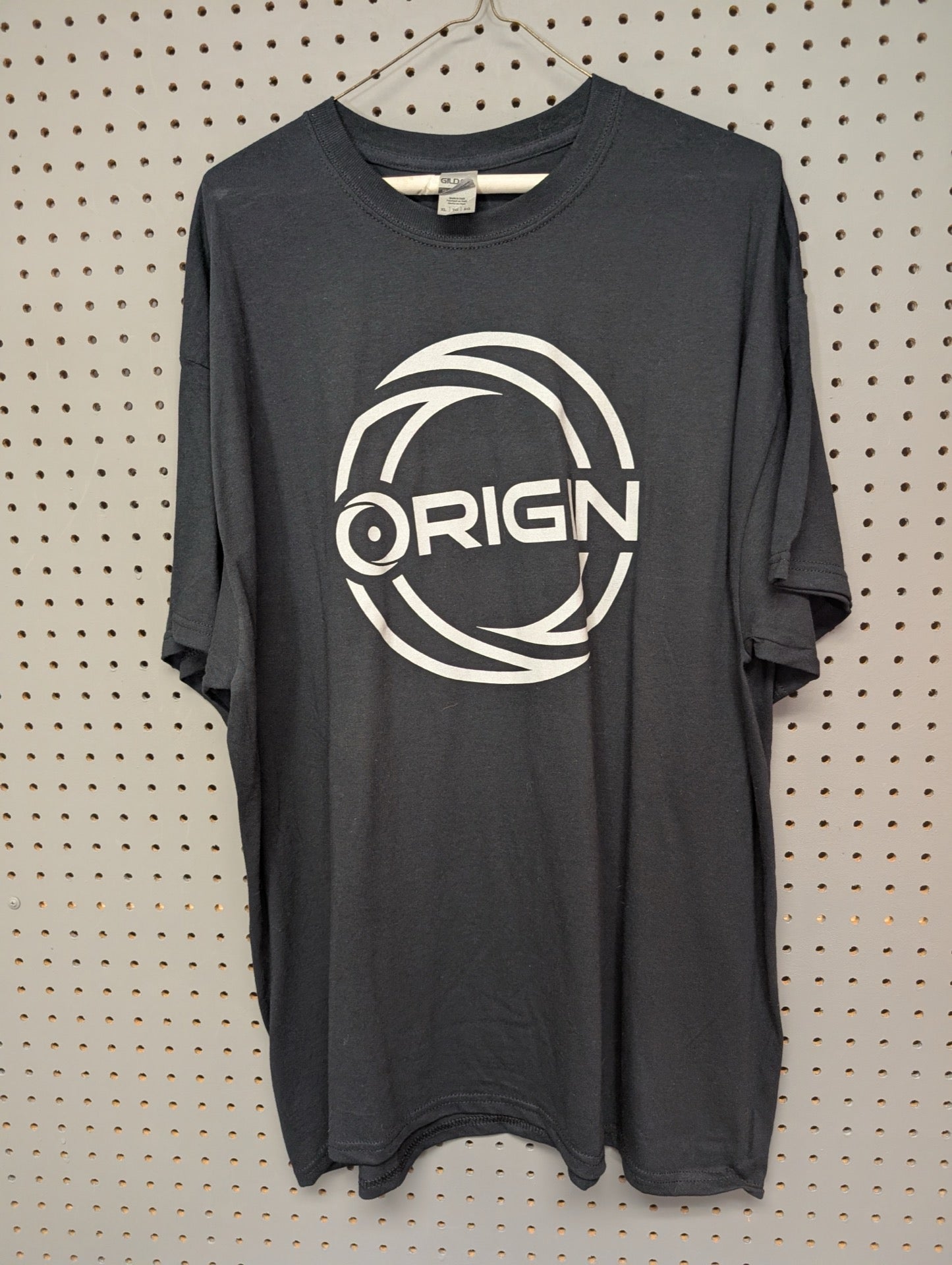 Front view of black Origin PC graphic t-shirt