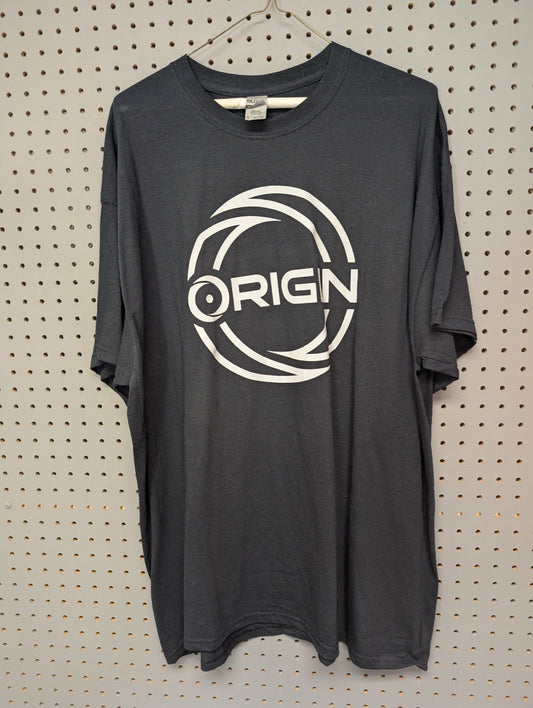 Front view of black Origin PC graphic t-shirt