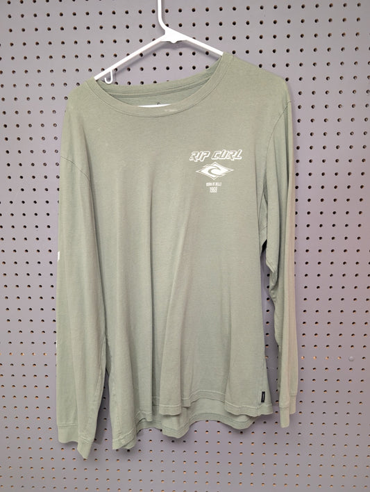 Front view of olive green Rip Curl long sleeve shirt
