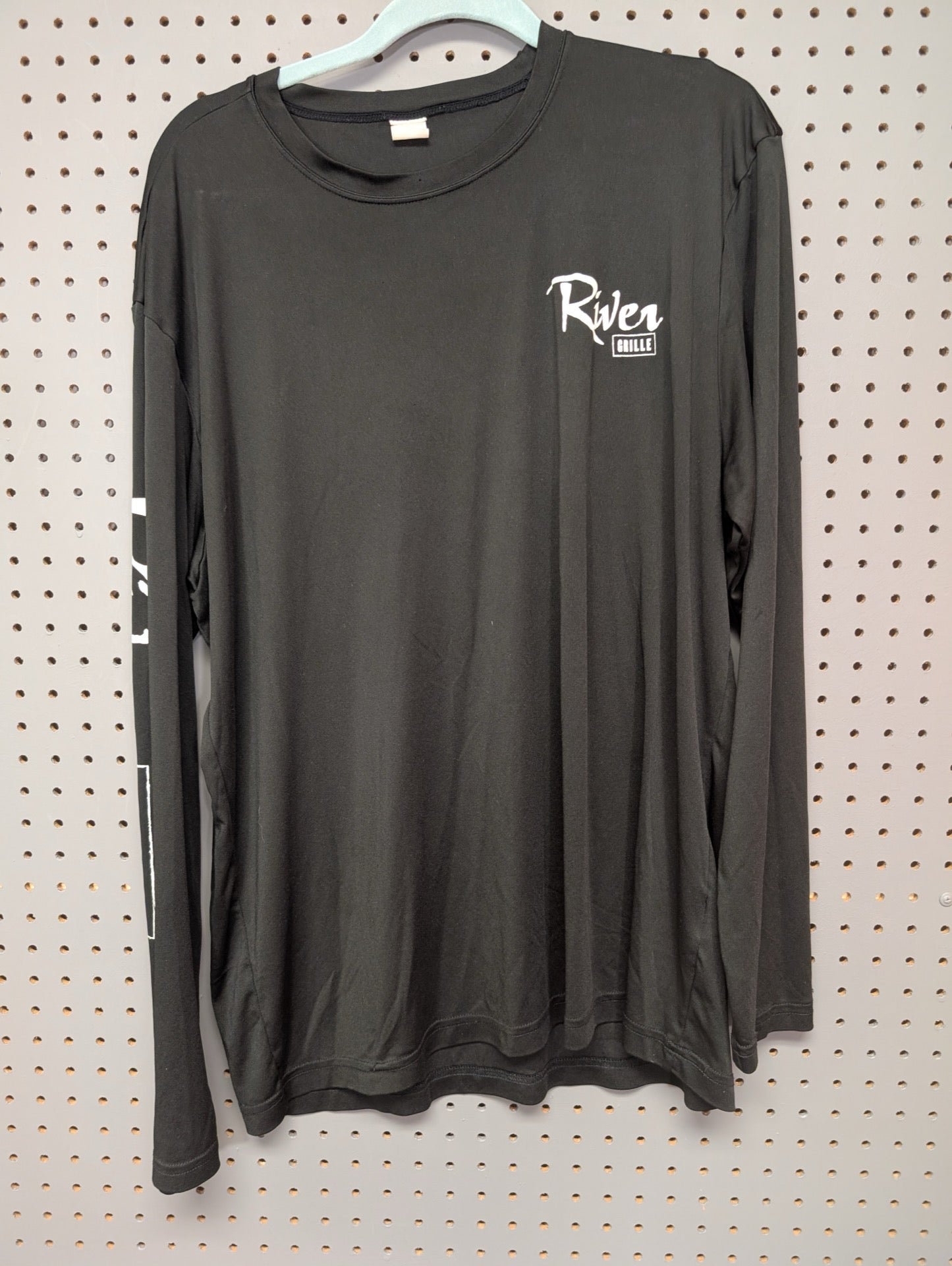 Front view of black River Grille long sleeve shirt
