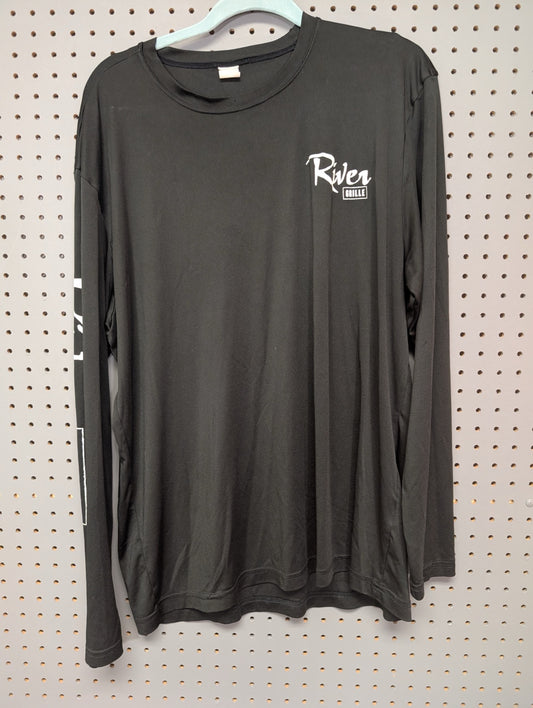 Front view of black River Grille long sleeve shirt