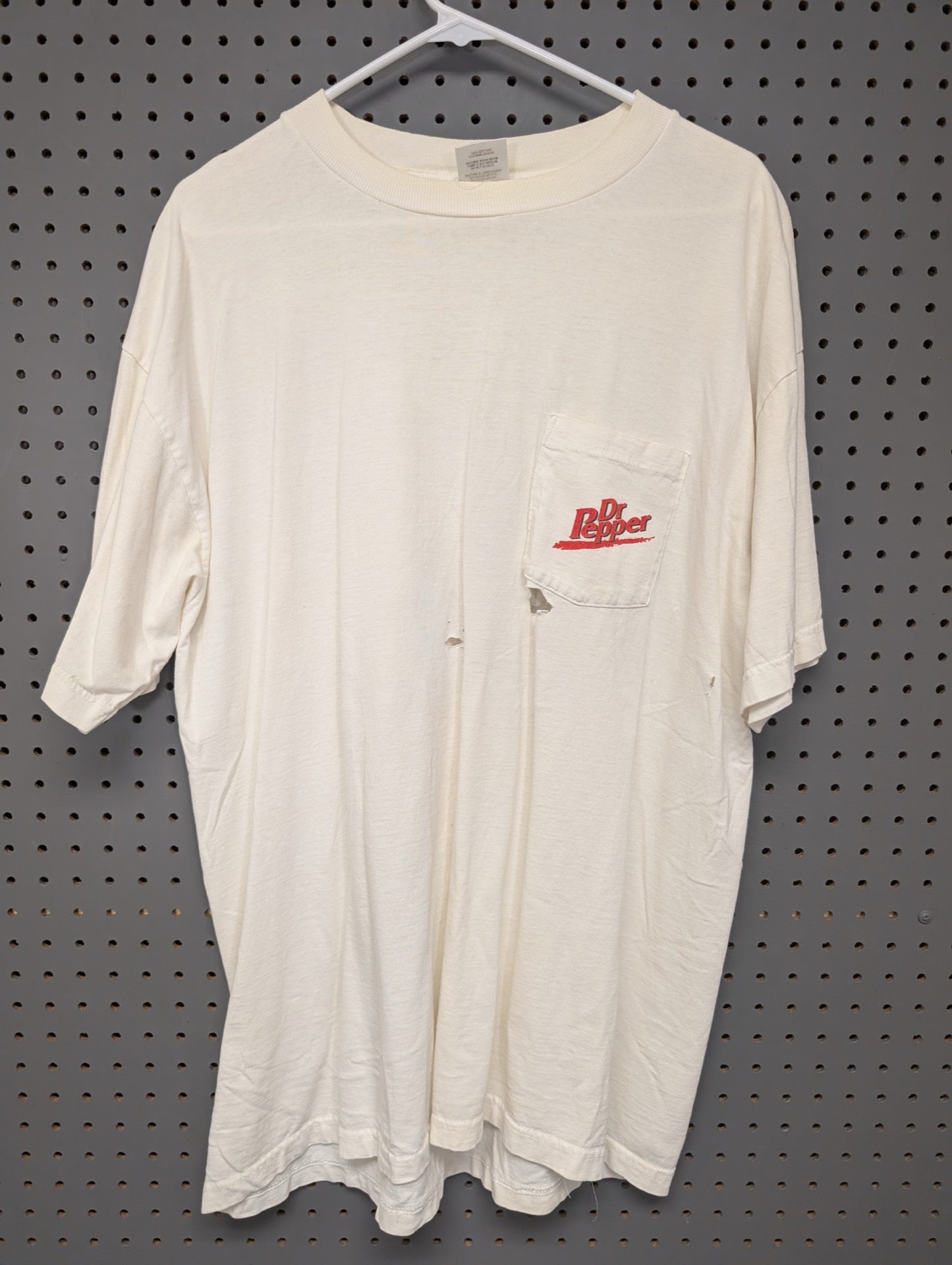 Front view of white vintage Dr Pepper pocket t-shirt